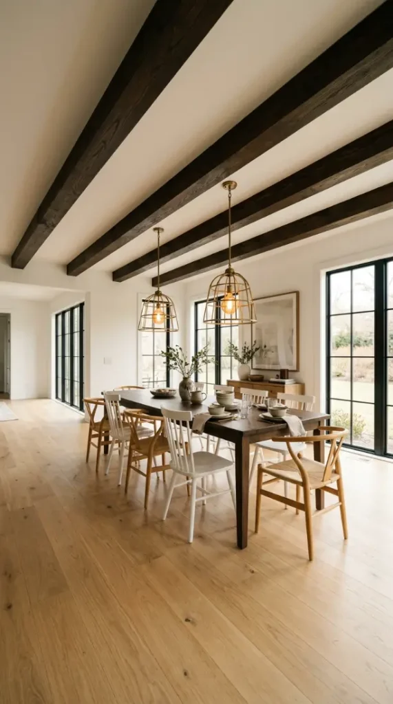 16 Modern Farmhouse Interior Design Seamless White Oak Floor 3 3. Exposed Dark Ceiling Beams Above White Oak Floor