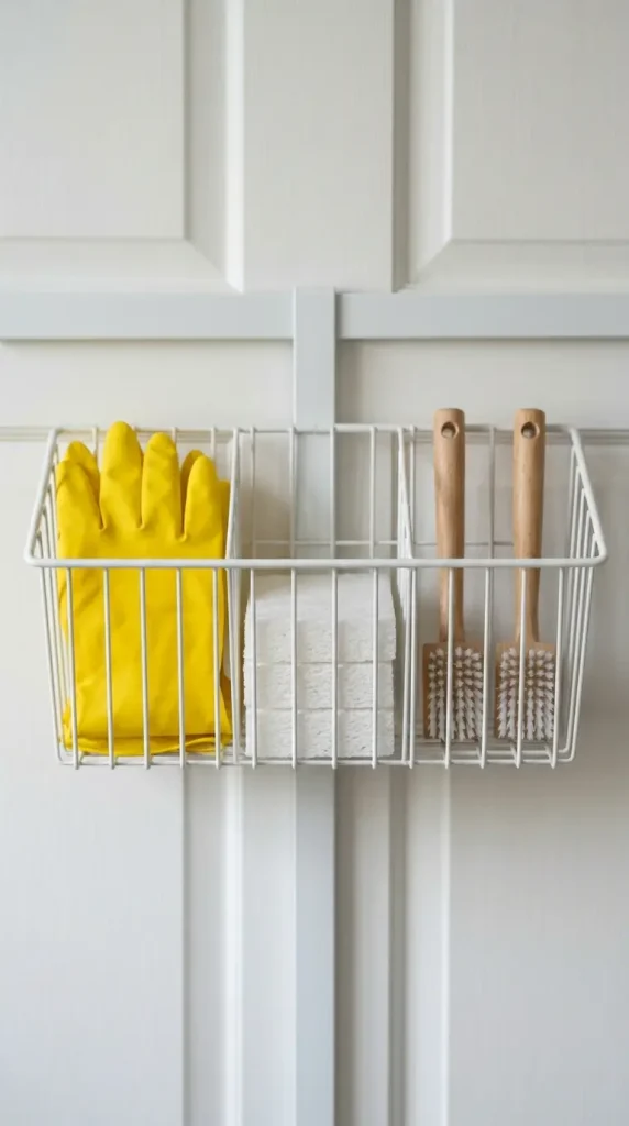 13 Cleaning Closet Organization Door-Mounted Caddy System 3 3. Install a Deep Wire Basket at Mid-Door Height for Bulky Cleaning Supplies