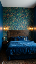 18 Bedroom Aesthetic Dark Moody Maximalist Jewel Tones 3 3. Install a Heavily Patterned Jewel-Tone Wallpaper on the Headboard Wall