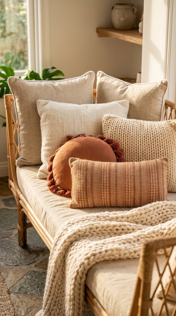 10 Chaise Lounge Reading Nook Rattan Daybed Boho Sunlit Nook 3 3. Layer Cushions in Ivory Oatmeal and Terracotta for the Boho Palette