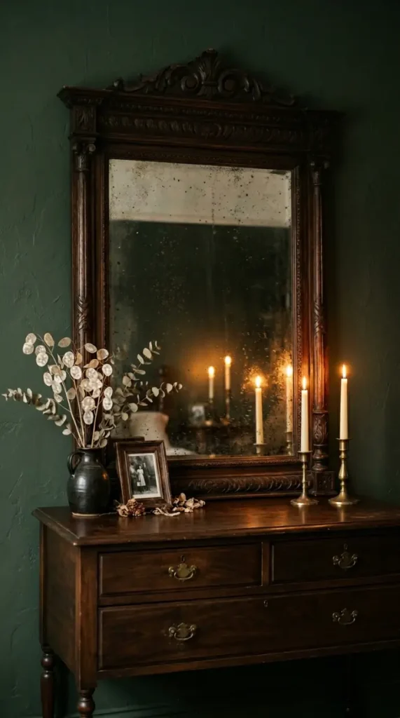 18 Vintage Bedroom Ideas Dark Brown Wood Moody Decor 3 3. Layer an Antique Carved Mirror Above the Dresser