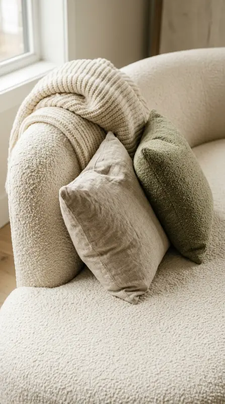 8 Chaise Lounge Reading Nook Bouclé Built-In Bookshelf Nook 3 3. Layer the Chaise With a Chunky Knit Throw and Two Linen Pillows