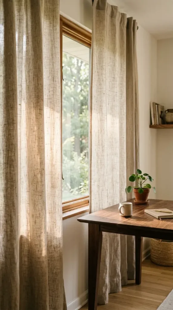 26 Cozy Home Office Warm Wood Linen Neutral Style Ideas 3 3. Linen Curtains to Soften and Diffuse Harsh Daylight
