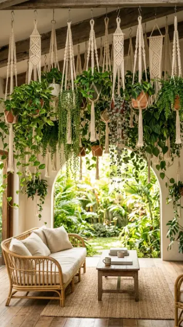 17 Indoor Outdoor Living Boho Macramé Jungle Garden View 3 3. Macramé Plant Hangers as a Jungle Ceiling Installation