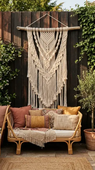 28 Outdoor Patio Ideas for a Boho Layered Living Room 3 3. Macramé Wall Hanging Behind the Sofa Zone