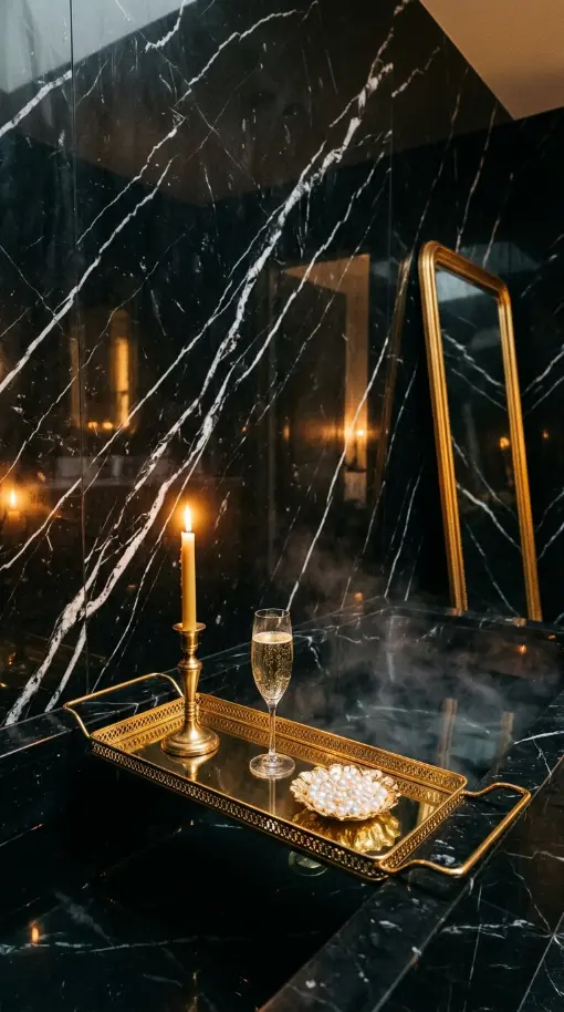 6 Luxury Bathtub Decor Ideas With an Old Hollywood Gold Tray 3 3. Marble Bathroom Surfaces as the Architectural Backdrop