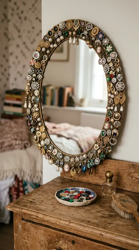 13 Bedazzled Mirror Vintage Jewelry DIY Eclectic Bedroom 3 3. Mirror With Frame Studded in Single Mismatched Vintage Earrings