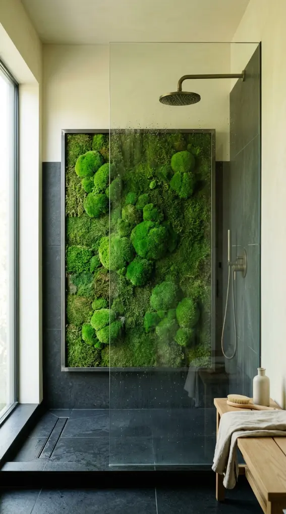 24 Modern Bathroom Plant Aesthetic Japandi Bonsai Minimal 3 3. Moss Wall Behind Shower Glass