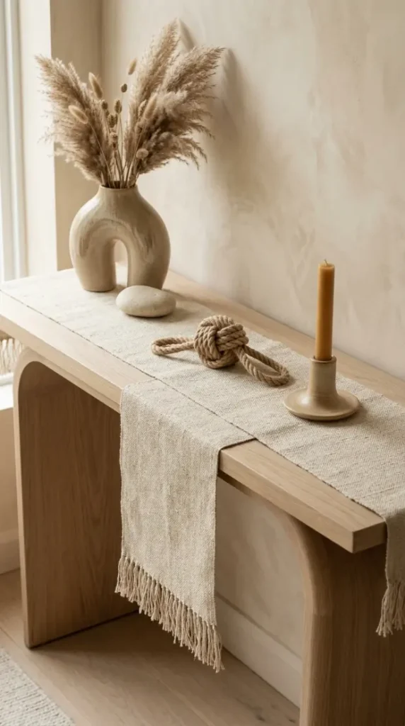16 Console Table Styling Curved Soft Beige Rope Knot 3 3. Natural Linen Runner on a Console Surface