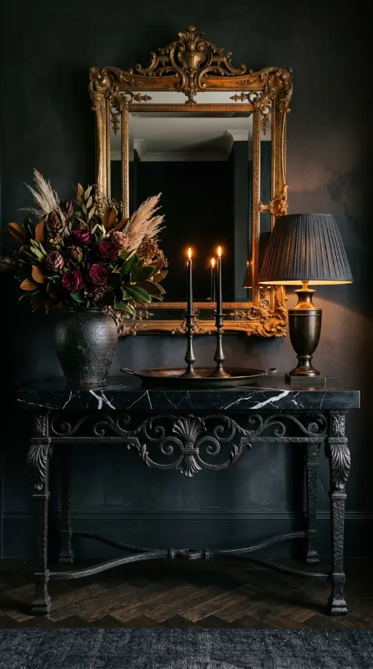 26 Entryway Console Table Ideas Traditional Marble Top 3 3. Nero Marquina Black Marble Top With Dark Wrought Iron Console