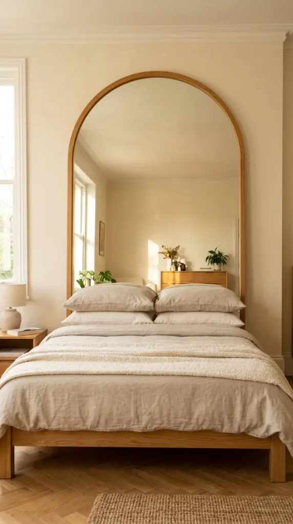 17 Big Mirror in Bedroom Oversized Oak Arch Warm Neutral 3 3. Oak Arch Mirror as the Bedroom Headboard Alternative