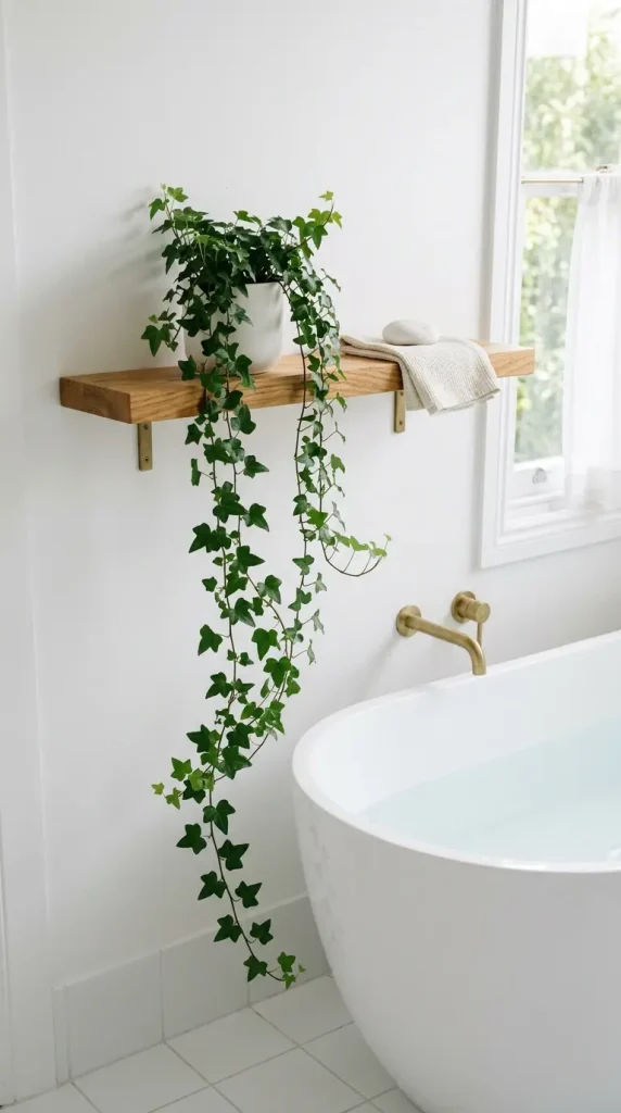 28 Minimal Bathroom Plants Decor Inspiration Oak White Style 3 3. Oak Shelf Above the Bath with Trailing Ivy