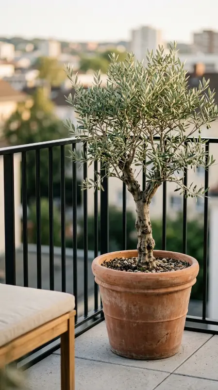 16 Minimal Outdoor Living Space Design for a Small Balcony 3 3. One Perfect Plant — The Olive Tree in Terracotta