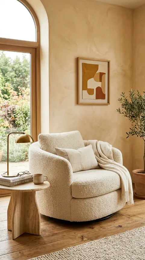 13 Comfy Reading Chair Oversized Cream Swivel Plush Living Room 3 3. Oversized Cream Chair Beside a Warm Plaster Wall