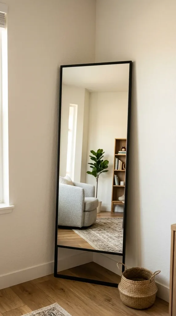 25 Full Length Mirror Living Room Slim Black Frame Minimal 3 3. Place It in a Corner to Create the Illusion of an Opening