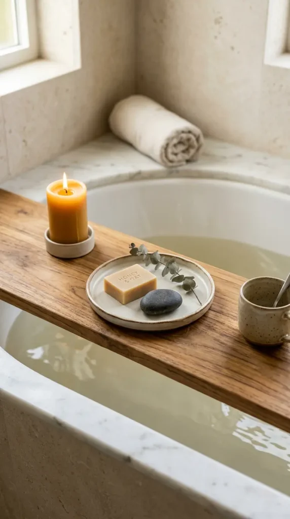18 Bath Tub Decor Ideas Freestanding Tray Quiet Luxury 3 3. Place a Small Handmade Ceramic Tray Within the Teak Tray for Layered Material Depth