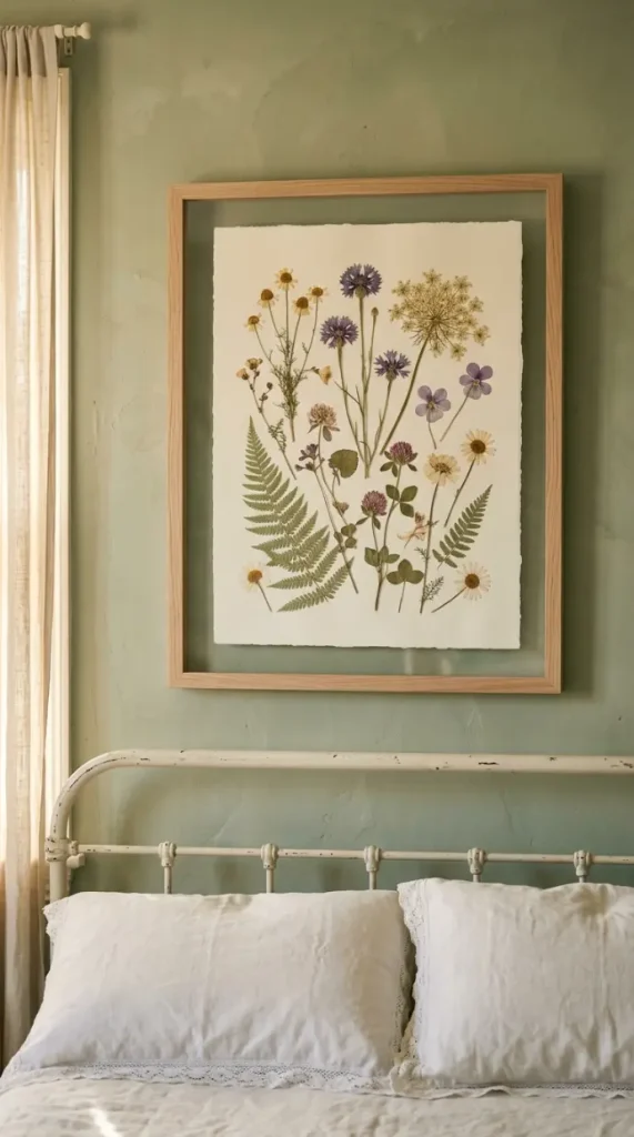 32 Cute Room Ideas for a Dreamy Cottagecore Bedroom 3 3. Pressed Flower Wall Frame Above the Bed