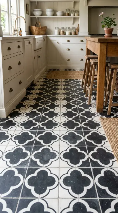 26 Kitchen Flooring Ideas for Farmhouse Black White Encaustic 3 3. Quatrefoil Encaustic Pattern in Black and White