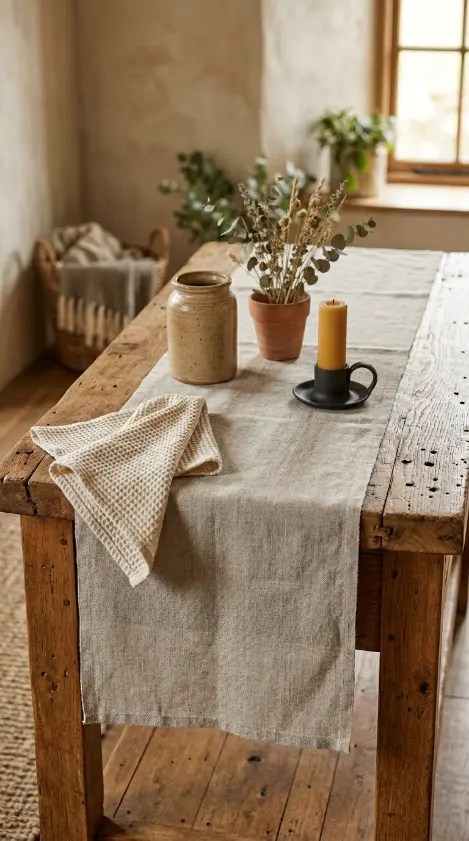 26 Console Table Styling Reclaimed Wood Rustic Farmhouse 3 3. Reclaimed Wood Console With Natural Linen Runner and Layered Textiles