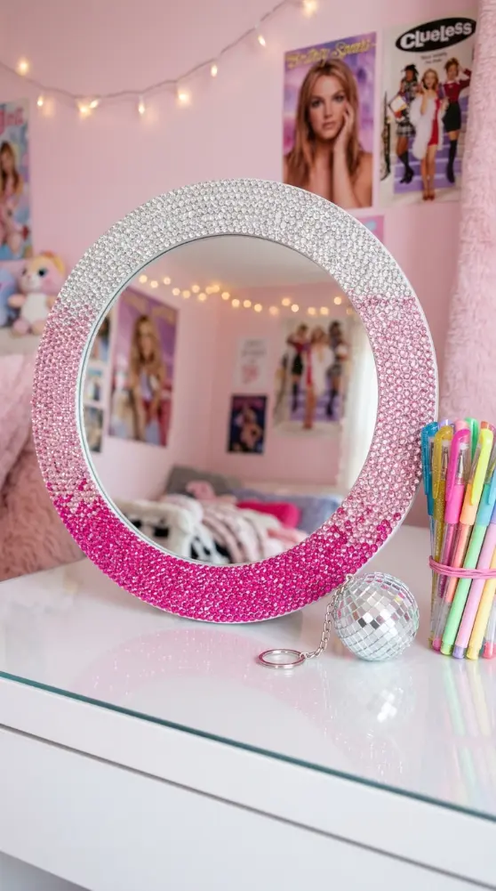 12 Bedazzled Mirror Y2K Rhinestone DIY Pink Glam Bedroom 3 3. Round Vanity Mirror With Ombre Pink to Clear Rhinestone Gradient