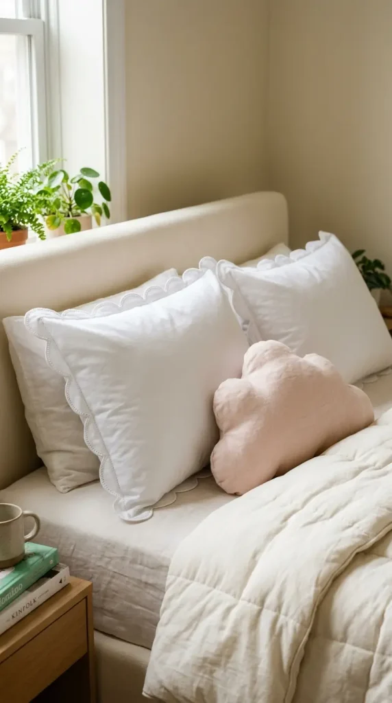 10 Cute Bedding Ideas Pastel Cloud Dreamy Bedroom Style 3 3. Scalloped-Edge Pillows Instead of Sharp Corners