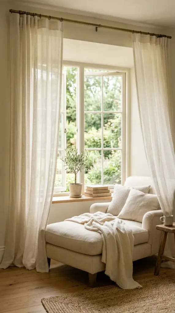 13 Chaise Lounge Reading Nook Cream Linen Window Quiet Luxury 3 3. Sheer Linen Curtains Framing the Nook