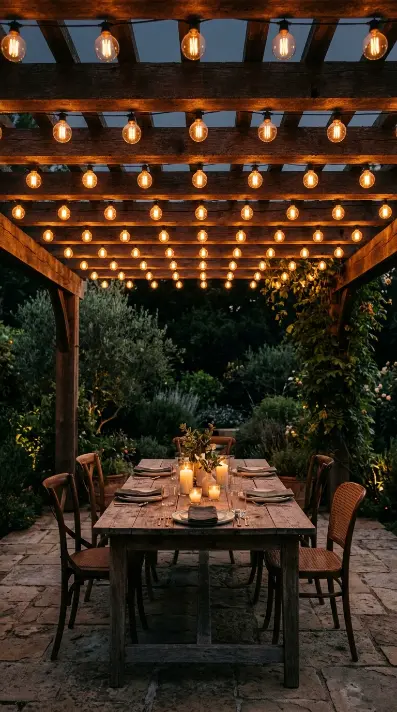 26 Outdoor Patio Ideas With a Cozy Pergola Dining Setup 3 3. String Lights Woven Through Pergola Rafters