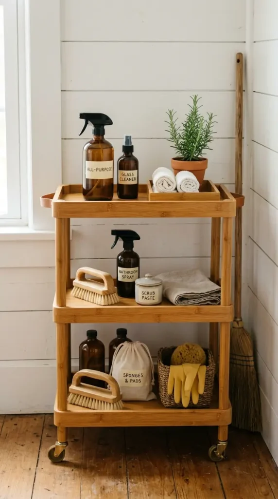 27 Cleaning Closet Organization Tiered Rolling Cart Ideas 3 3. The Bamboo Rolling Cart — Natural and Beautiful Cleaning Storage