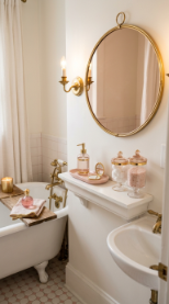 24 Small Bathroom Decor with Bathtub Caddies Vintage Pastel 3 3. The Blush Pink and Gold Vanity Detail — Glamorous Small Bathroom Accent