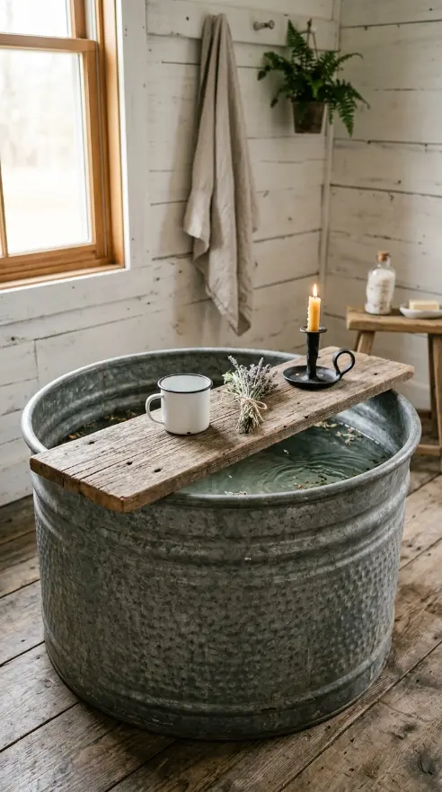 24 Rustic Bathtub Tray Ideas with Reclaimed Farmhouse Wood 3 3. The Galvanized Tub Pairing — Authentic Farm Bathing Vessel