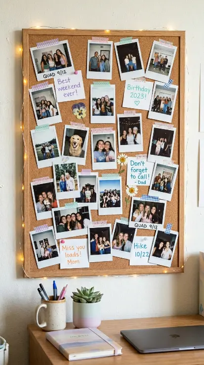 24 College Bedroom Ideas Pastel Girly Aesthetic Dreamy Style 3 3. The Polaroid and Washi Tape Corkboard Wall — Personal Memory Gallery