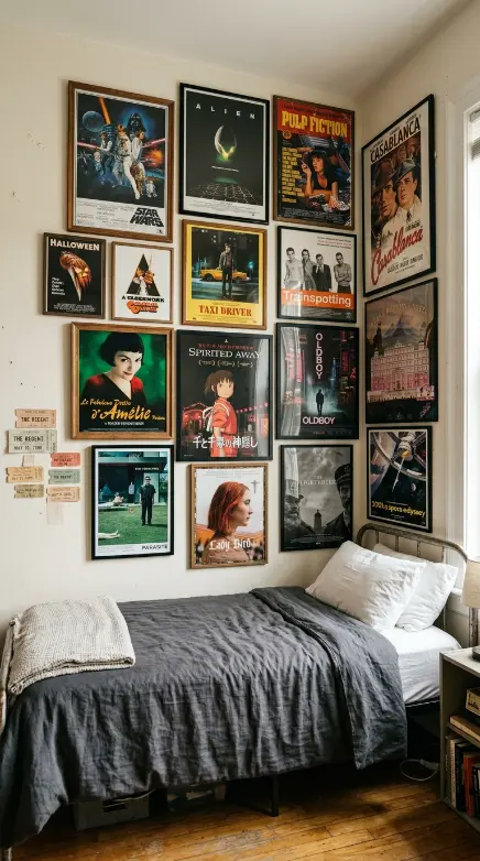 26 Dorm Bed Inspo Maximalist Gallery Wall Twin XL Style 3 3. The Vintage Movie Poster Wall — Cinematic Collection Theme