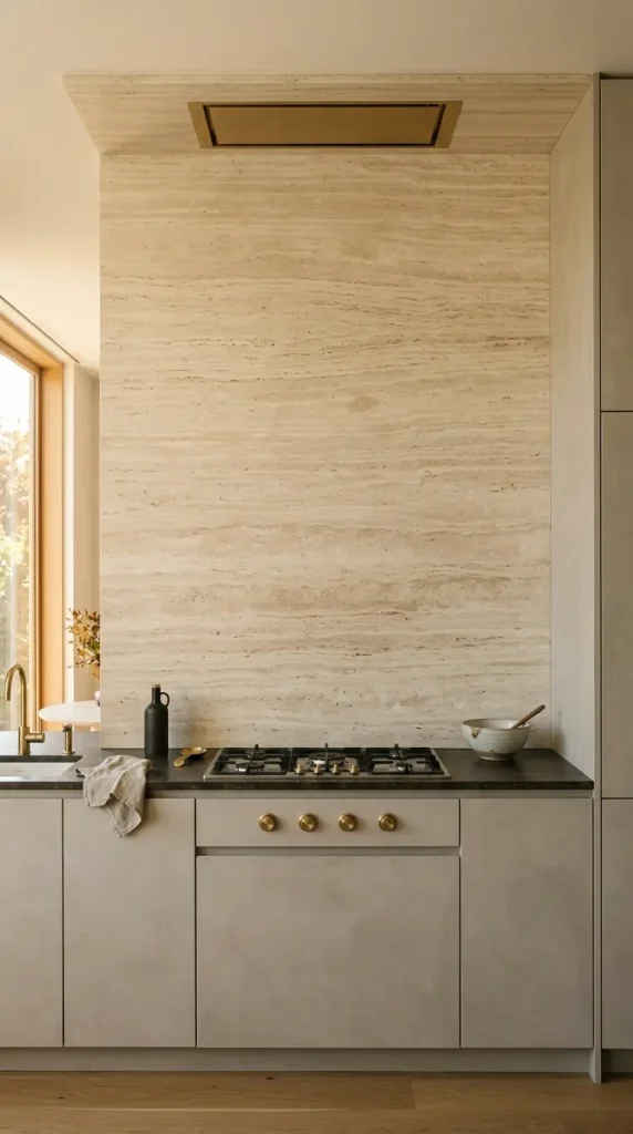 11 Minimalist Luxury Kitchen Quiet Luxury Greige Travertine Warm 3 3. Travertine Slab Backsplash Running Floor to Ceiling