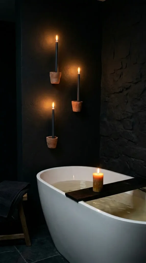 15 Bath Tub Decor Ideas Dark Moody Candlelit Night Soak 3 3. Use Dark Taper Candles in Wall Mounted Terracotta Holders for a Moody Wall Feature