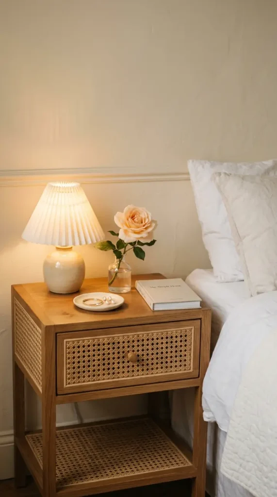 14 Vintage Bedroom Ideas Cane Rattan European Elegant 3 3. Use a Rattan or Cane Nightstand for Warm Textural Bedside Detail