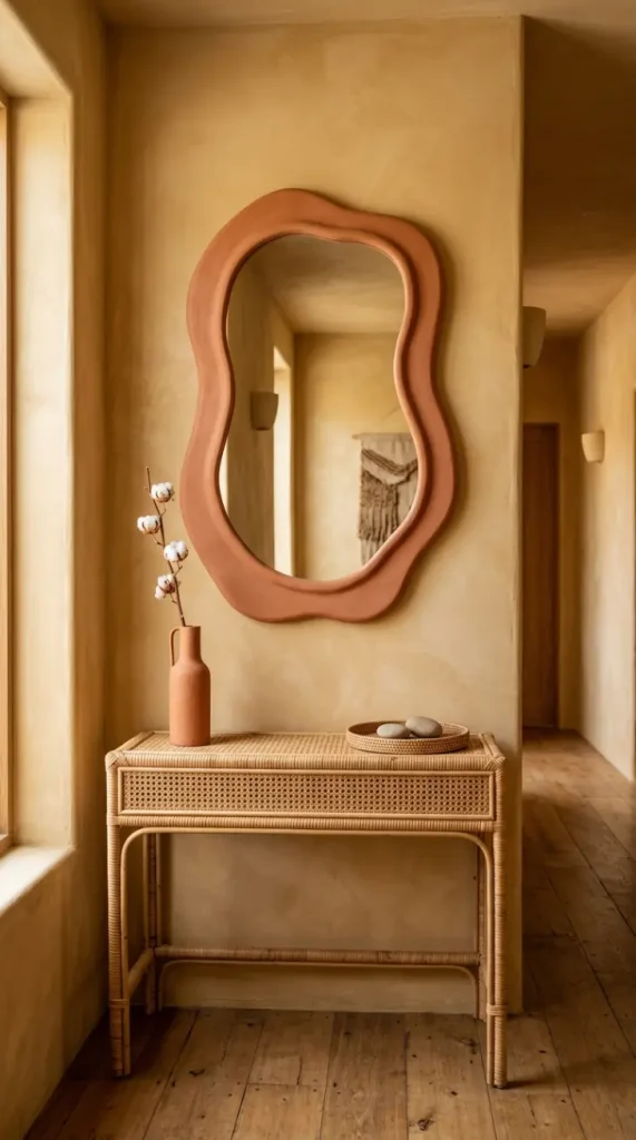 14 Hallway Mirror Ideas Organic Puddle Mirror Console 3 3. Use a Terracotta or Warm Toned Plaster Puddle Mirror