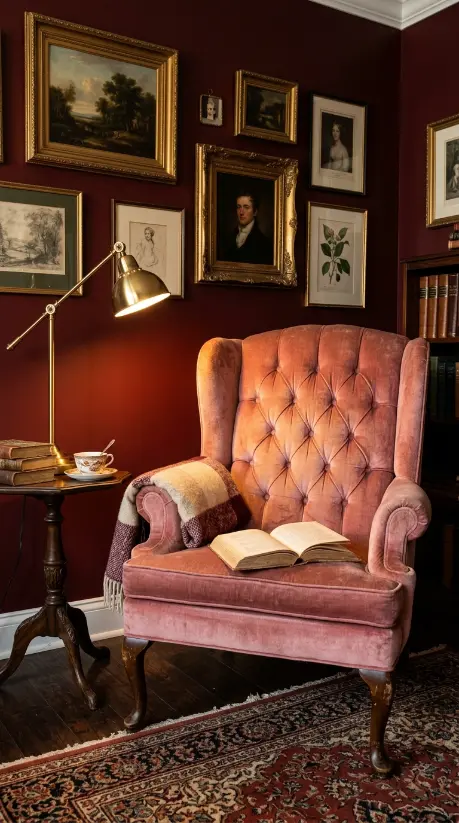 19 Comfy Reading Chair Vintage Pink Velvet Bedroom Maximalist 3 3. Walls in Deep Oxblood or Forest Green Behind the Pink Chair