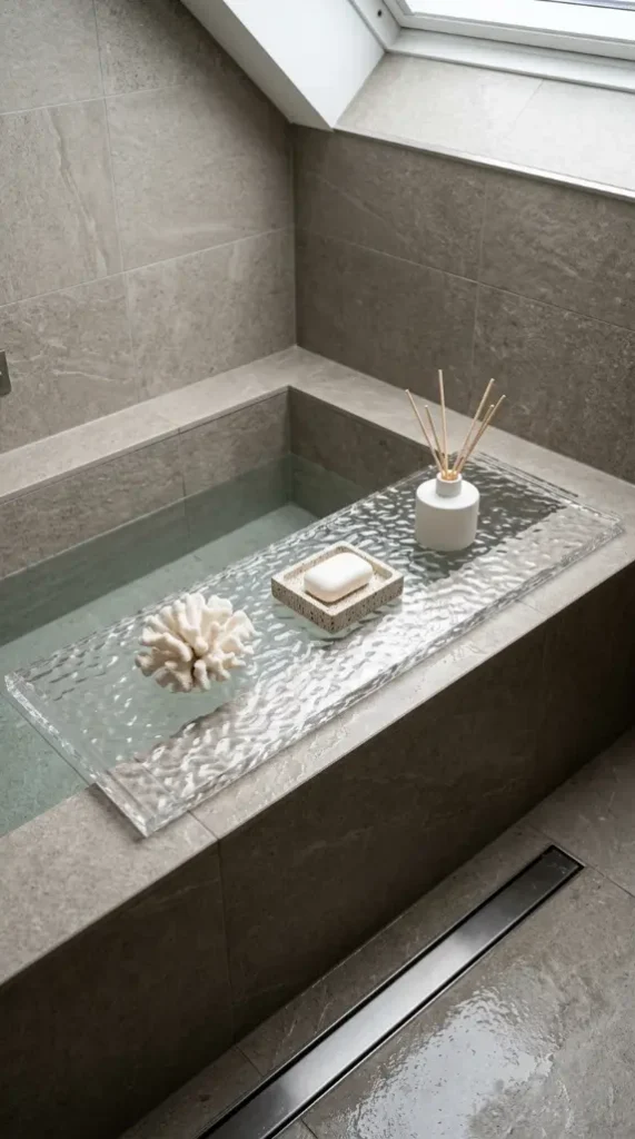 20 Bathtub Tray Clear Acrylic Modern Minimal Floating Look 3 3. Water Ripple Textured Acrylic Tray in a Wet Room Shower Bath Setting