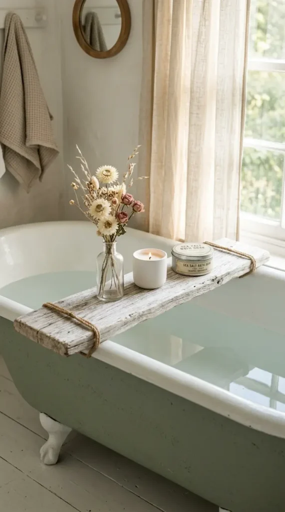 18 Bathtub Caddy Vintage Clawfoot Rustic Wood Floral Brass 3 3. Whitewashed Driftwood Plank Caddy With Botanical Dried Flower Arrangement