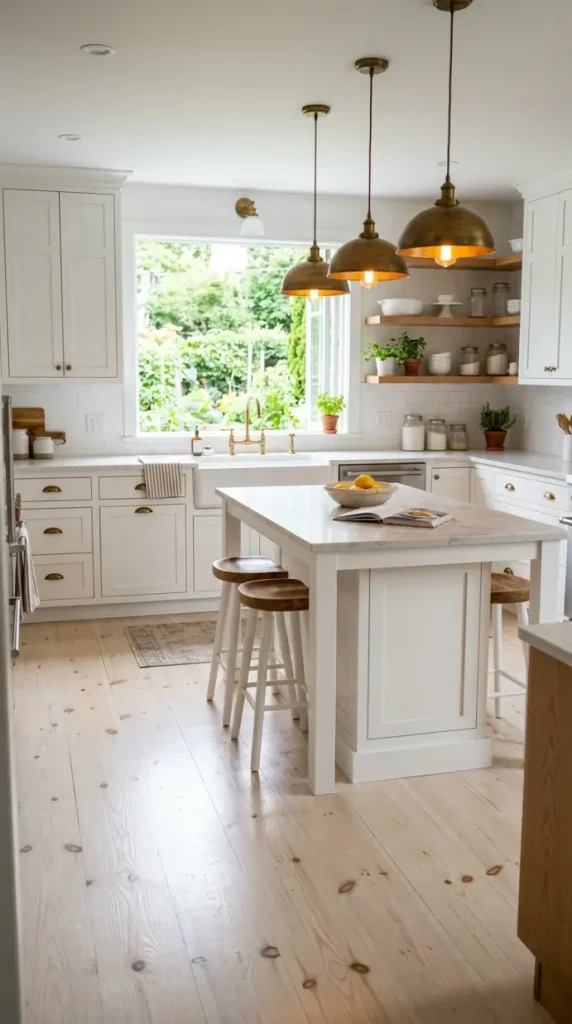 27 Light Wood Flooring for Farmhouse Whitewashed Pine Style 3 3. Whitewashed Pine Kitchen Floor — White Shaker Cabinets and Brass