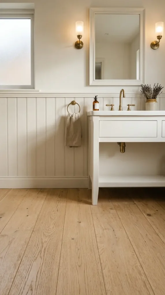 26 Light Wood Flooring for Farmhouse Wire-Brushed Oak Bath 3 3. Wire-Brushed Oak Floor With White Tongue-and-Groove Panelling