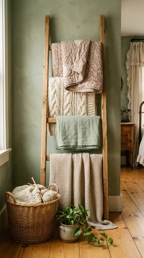 32 Cute Room Ideas for a Dreamy Cottagecore Bedroom 30 30. Cottagecore Bedroom Blanket Ladder with Quilts and Throws