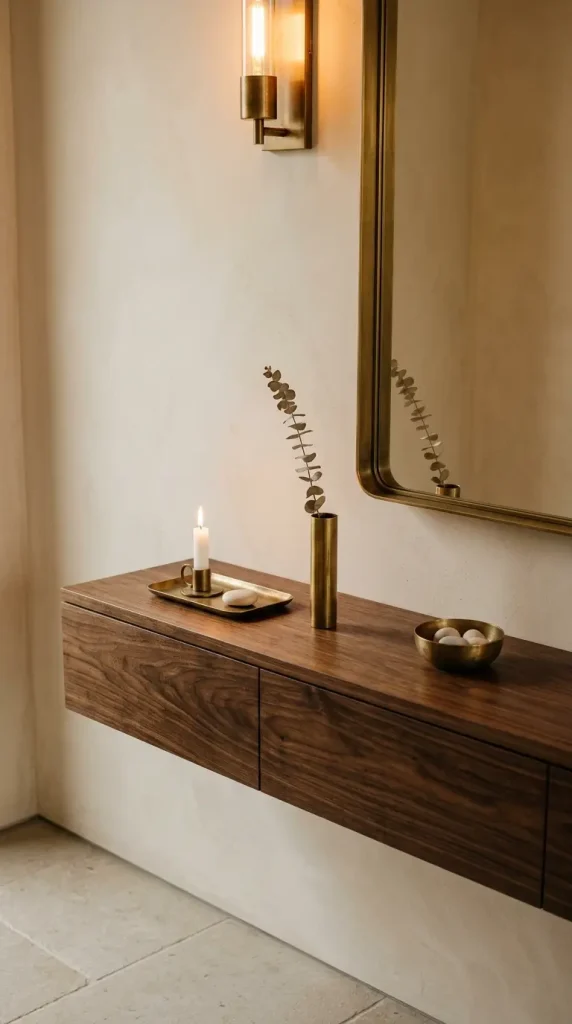 31 Entryway Console Table Ideas Modern Minimal Floating 30 30. Floating Console With Aged Brass Accessories Throughout