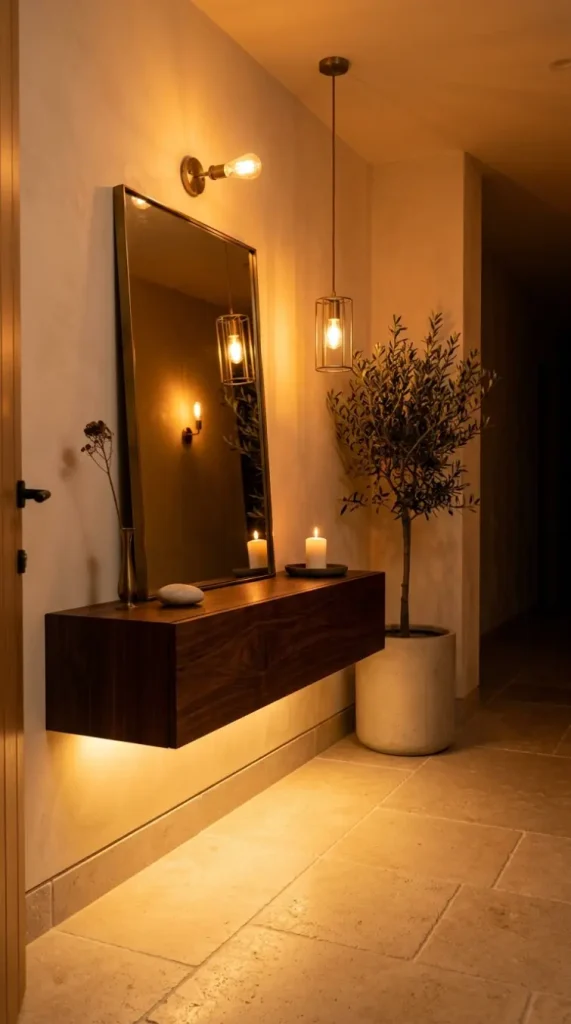 31 Entryway Console Table Ideas Modern Minimal Floating 31 31. The Complete Modern Minimal Floating Console Entry — Night Version
