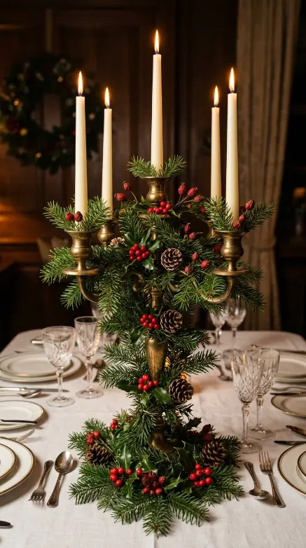 13 Festive Table Decorations Candles Classic Christmas Green 4 4. A Candelabra Draped in Fresh Greenery and Red Berries