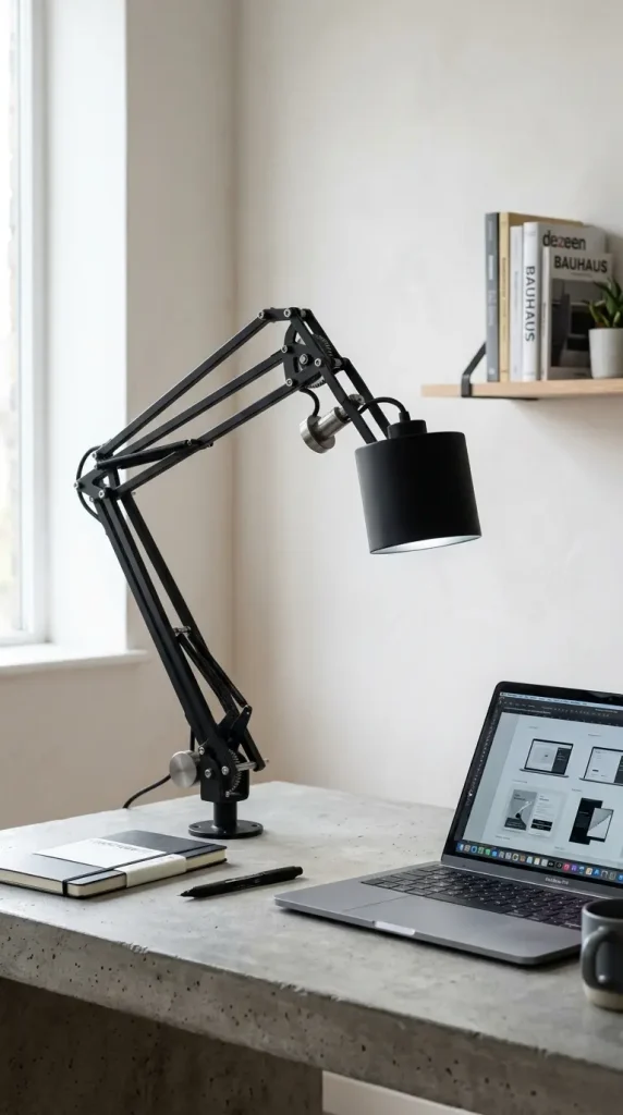 24 Home Office Inspiration Modern Minimal Concrete Steel 4 4. A Single Black Steel Task Lamp With an Articulated Arm