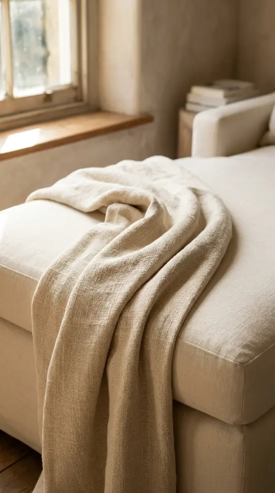 13 Chaise Lounge Reading Nook Cream Linen Window Quiet Luxury 4 4. A Single Linen Throw Loosely Draped Across the Foot