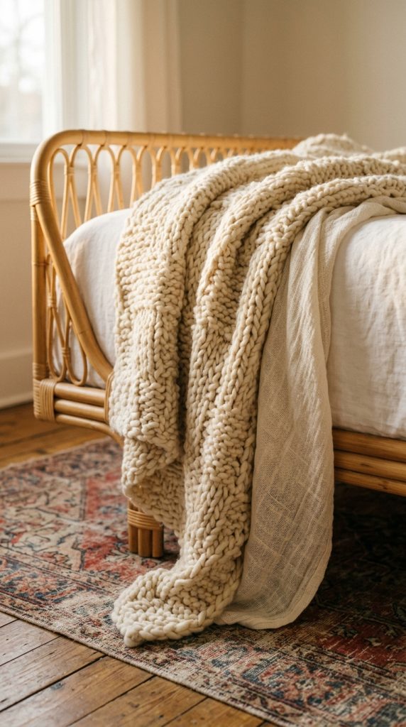 10 Chaise Lounge Reading Nook Rattan Daybed Boho Sunlit Nook 4 4. Add a Chunky Knit Throw for the Coziest Boho Texture Layer