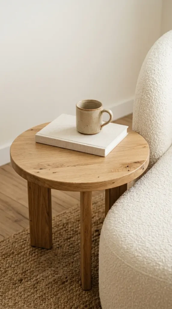 8 Chaise Lounge Reading Nook Bouclé Built-In Bookshelf Nook 4 4. Add a Low Round Side Table Within Arms Reach
