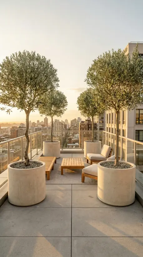 26 Minimal Outdoor Living Space Design for a Rooftop Terrace 4 4. Architectural Planting in Identical Containers